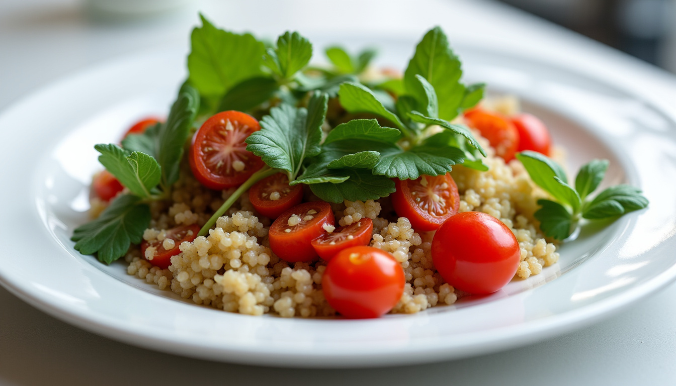 Assiette de repas léger composée de légumes frais de saison, avec une petite portion de quinoa et des herbes aromatiques