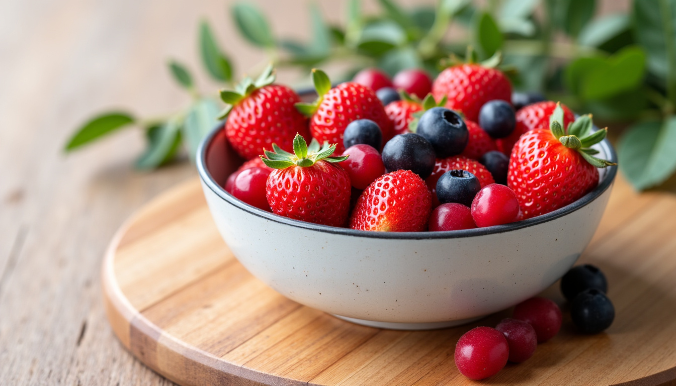 Bol en céramique avec des fraises et des cerises fraîches, posé sur une table en bois clair
