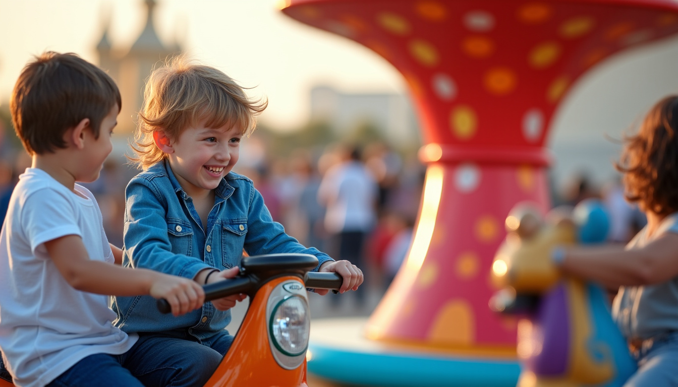 Enfants riant sur un manège du carnaval au Global Village de Dubaï