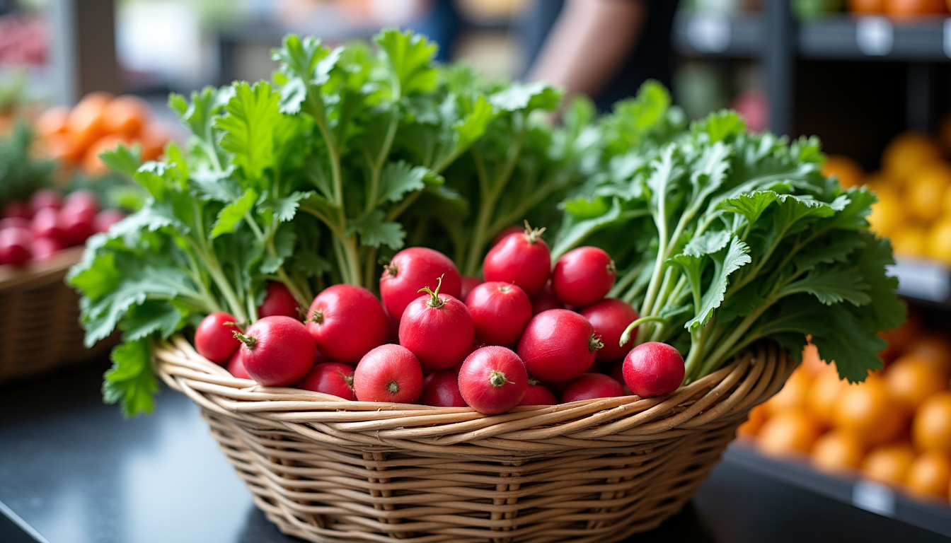 Panier en osier rempli de radis frais et feuilles vertes, sur un étal de marché