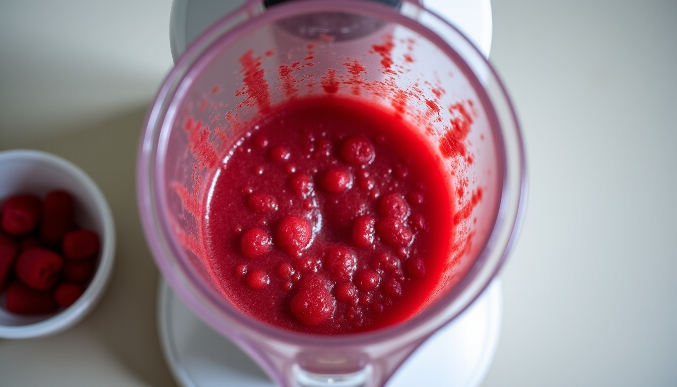 Préparation de la purée de framboises dans un mixeur pour la sangria d