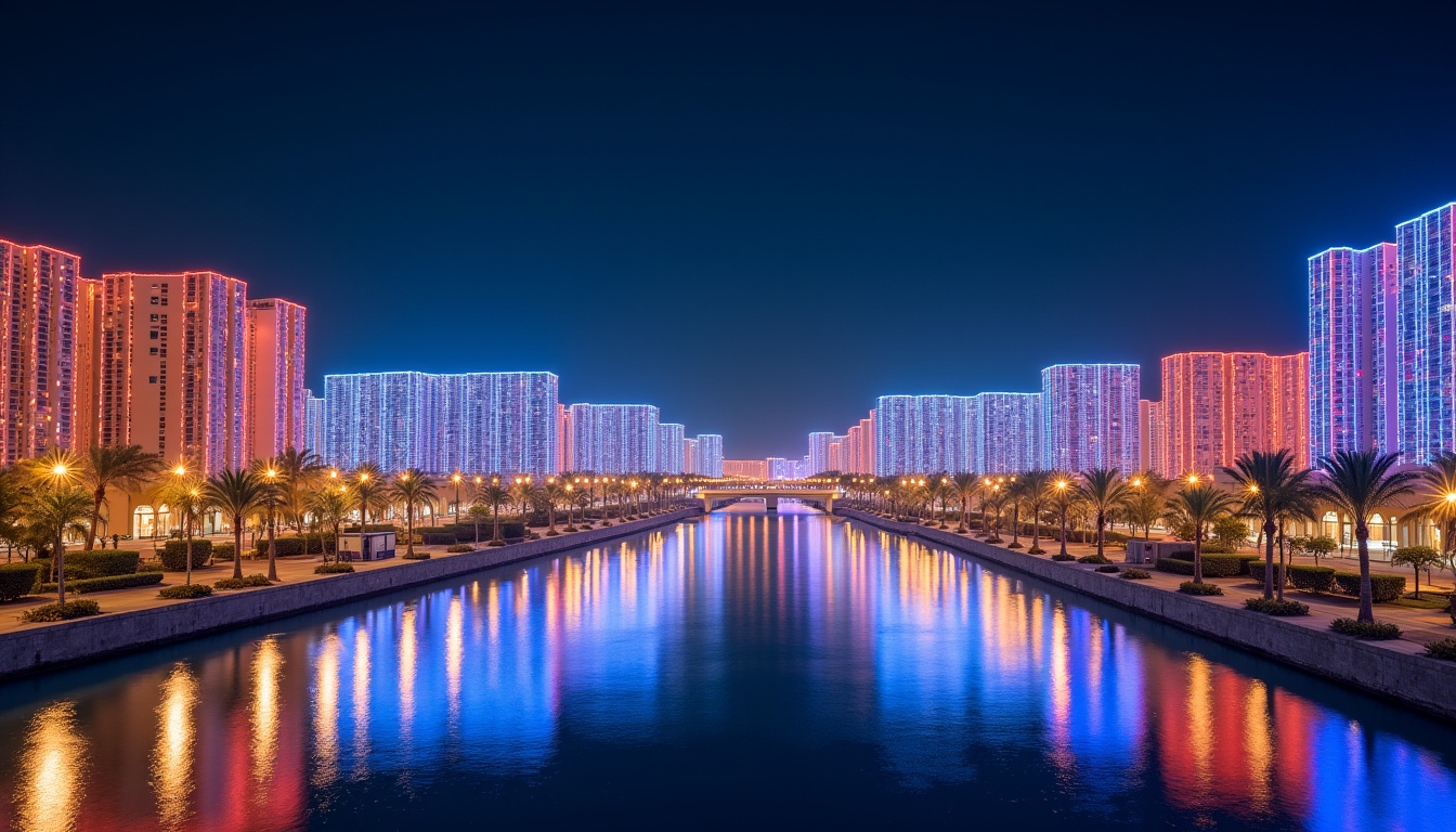 Vue nocturne du Global Village de Dubaï avec ses allées illuminées et ses pavillons colorés