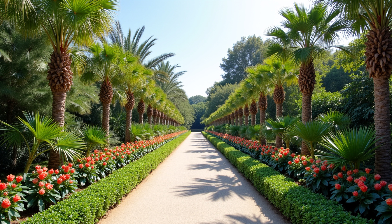 Allée du Jardin Botanique de Deshaies entourée de palmiers et de fleurs exotiques, vue panoramique depuis le belvédère