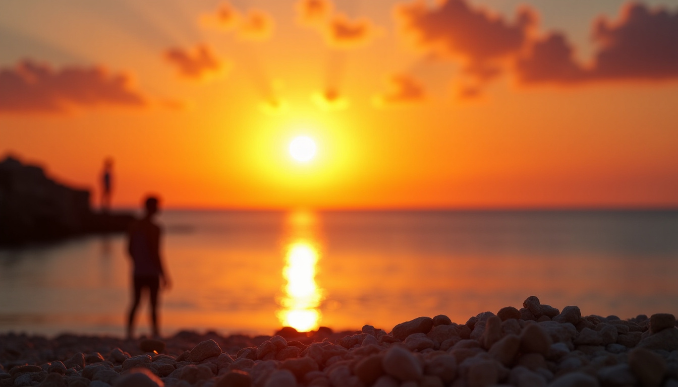Coucher de soleil flamboyant vu depuis la Plage de la Perle, avec des silhouettes de cocotiers en contre-jour