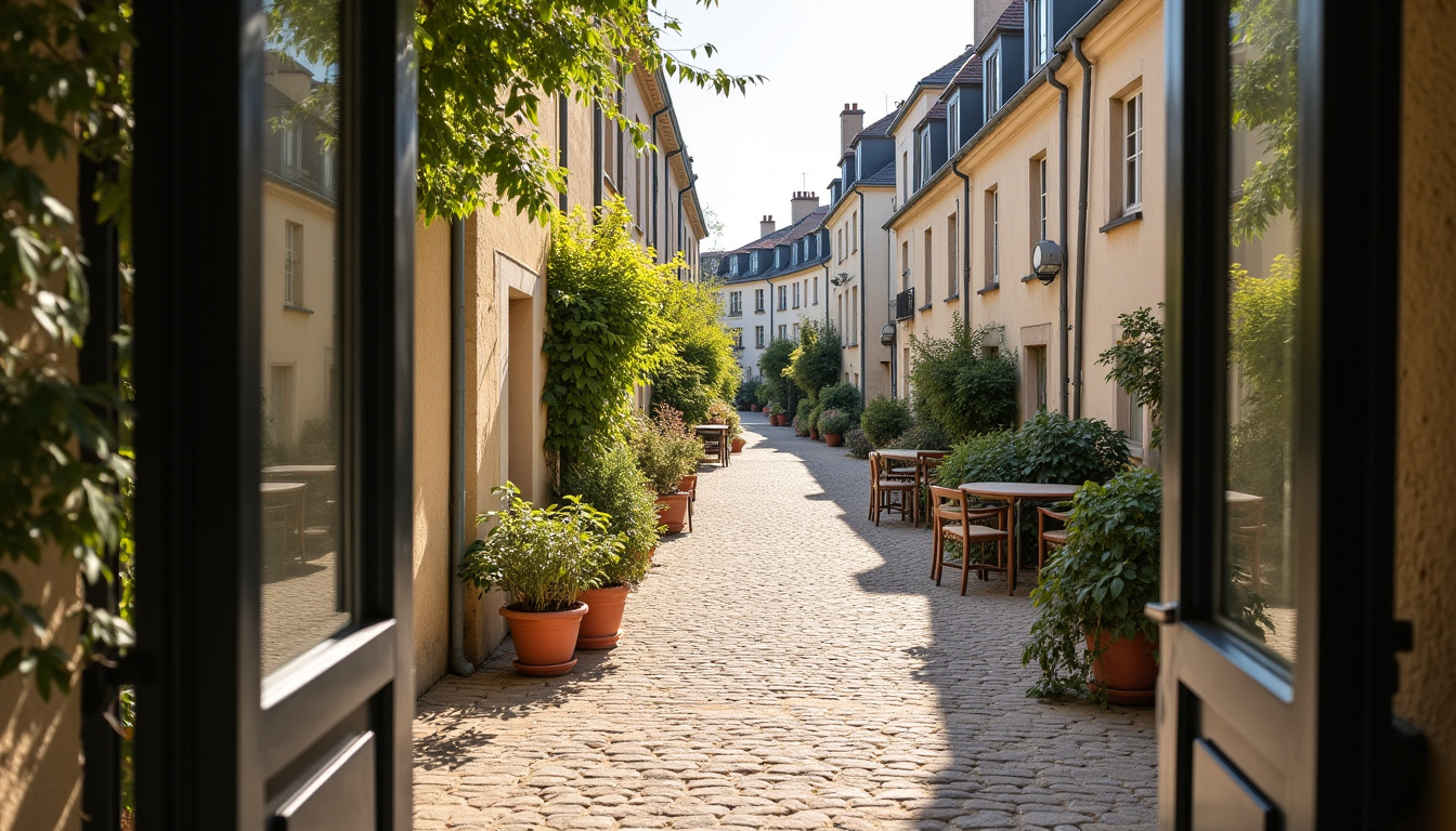 Cour pavée du Village Saint-Paul, vue depuis un porche, montrant les façades restaurées et une légère verdure