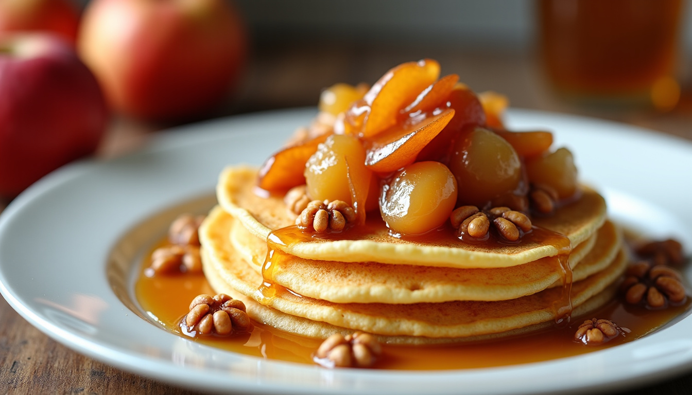Crêpes garnies de fruits caramélisés, de noix et de sauce au caramel, présentées de manière élégante