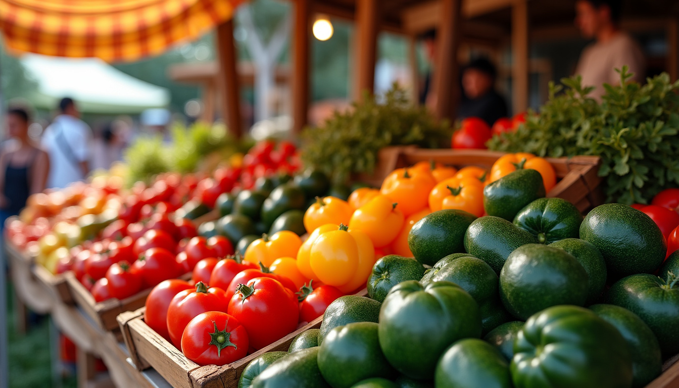 Étal de marché rempli de légumes de saison en juillet: tomates, courgettes, poivrons et concombres