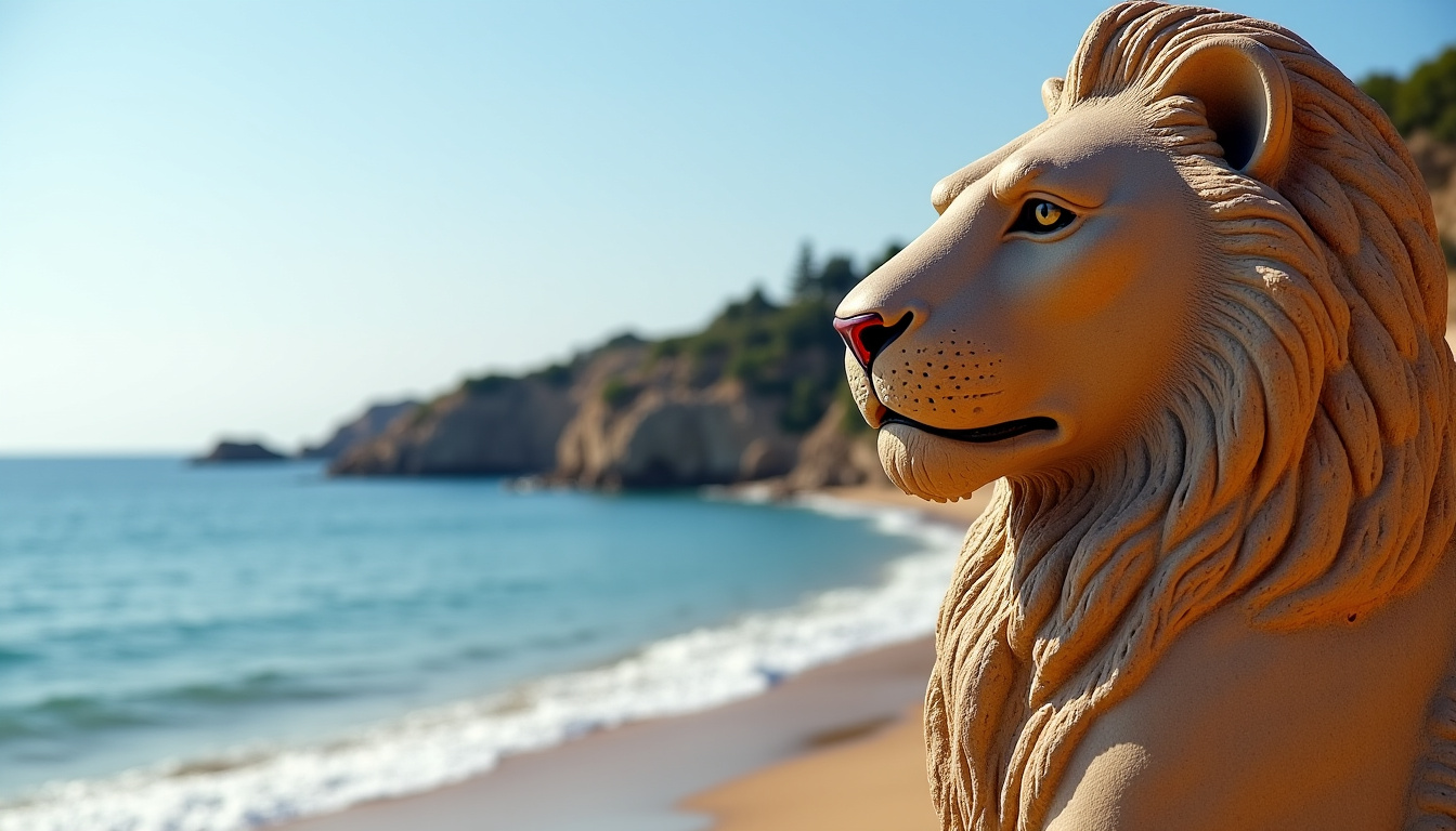 Formation rocheuse en forme de lion vue de face, surplombant une plage de galets et une mer d