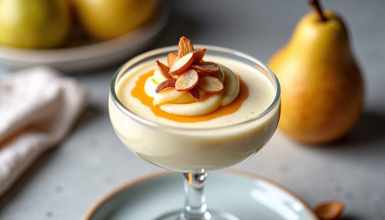 Mousse de poire au praliné décorée avec des amandes effilées