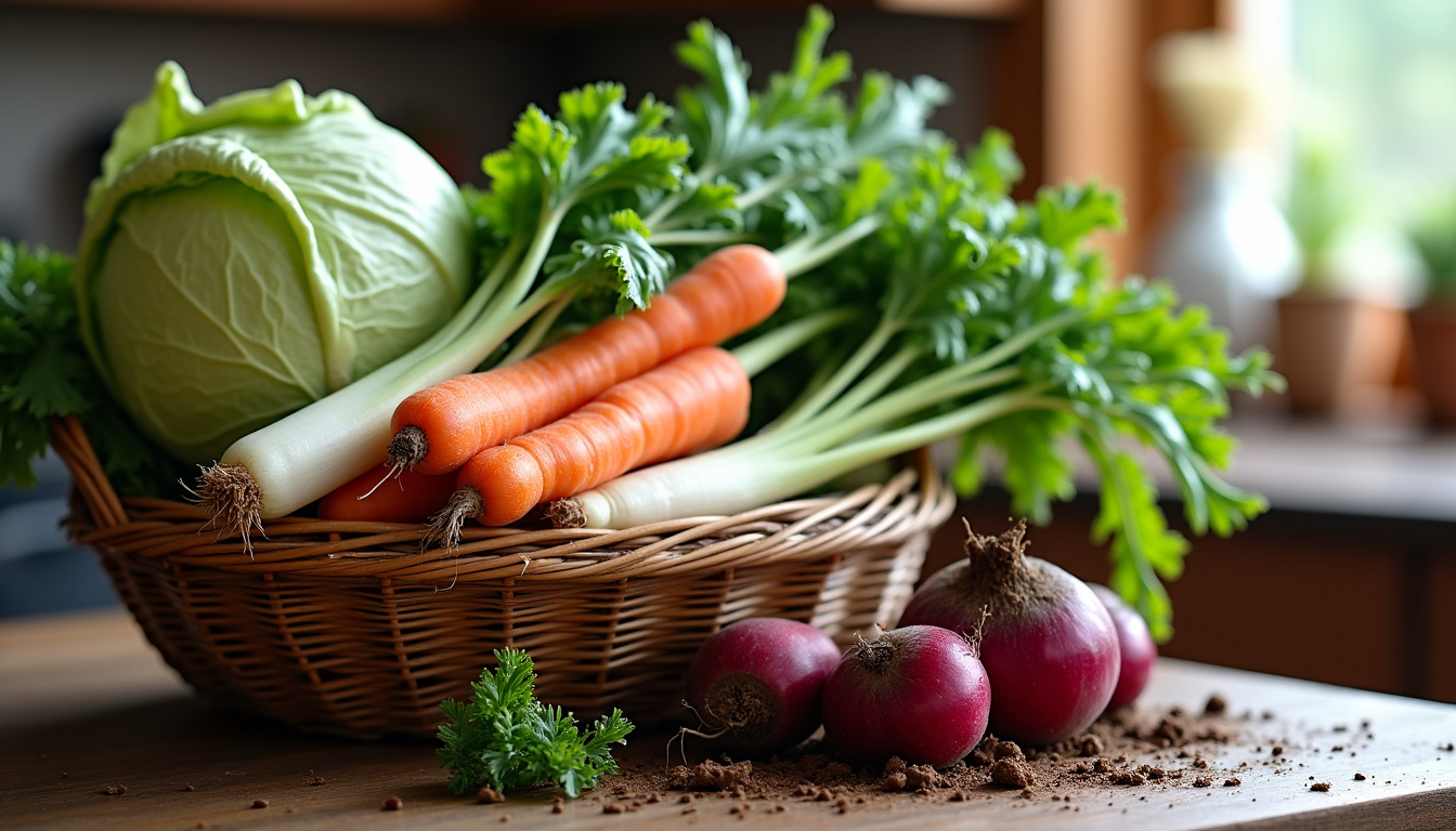 Panier rempli de légumes de saison: choux, carottes, poireaux et betteraves