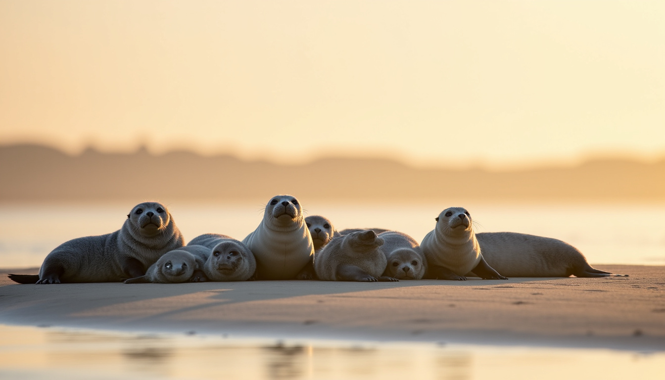 Phoques gris et veaux marins reposant sur les bancs de sable de la Baie d