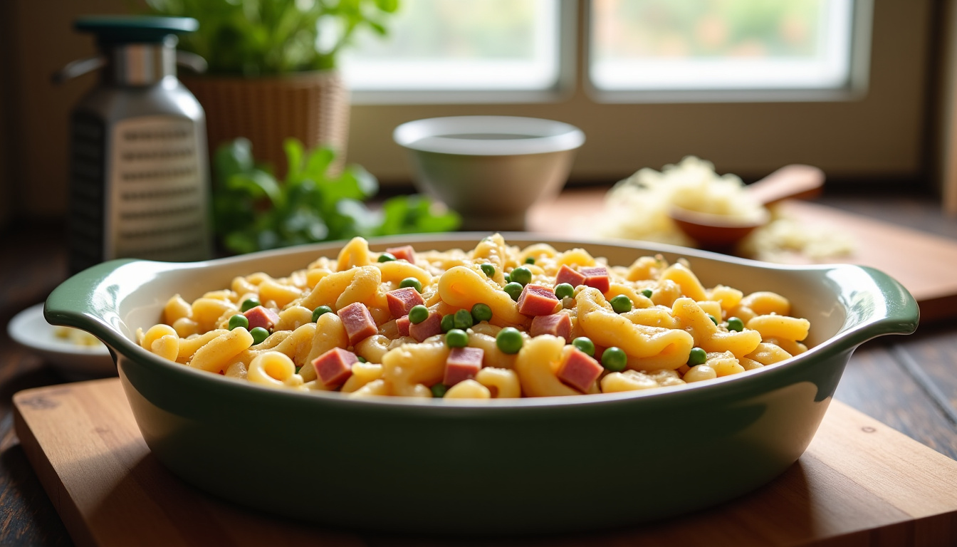 Plat de gratin de pâtes au jambon et petits pois en cours de préparation