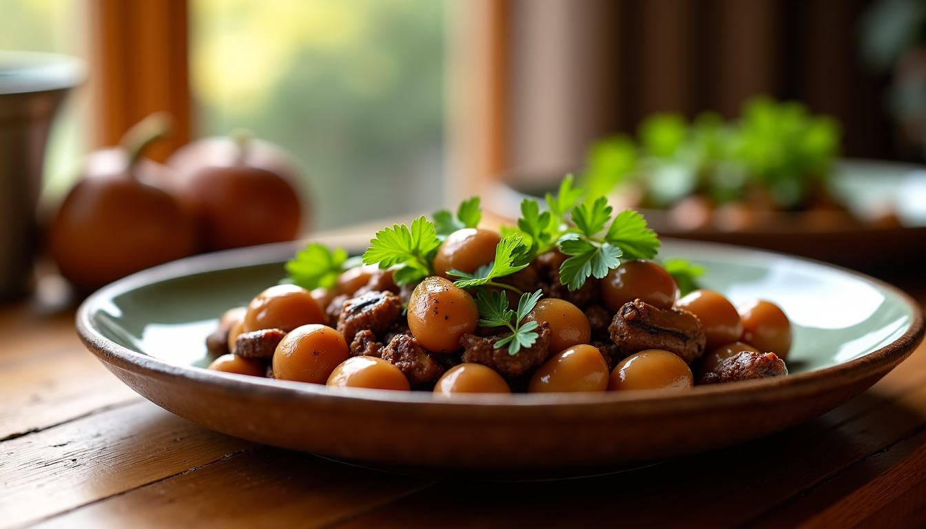 Poêlée de châtaignées et champignons présentée dans une assiette, accompagnée de persil frais et de quartiers de figue