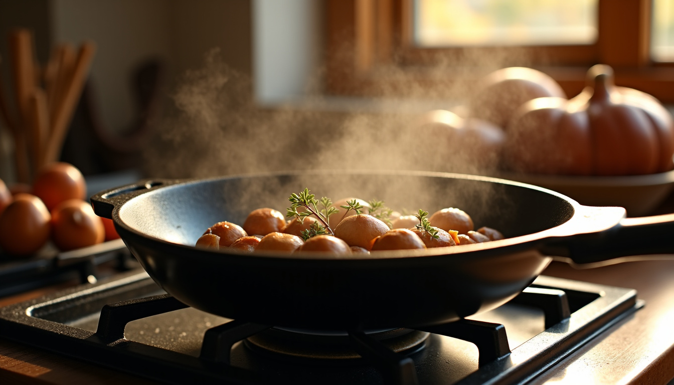 Poêlée de châtaignes et champignons en train de cuire dans une poêle, dégageant de la chaleur et des arômes