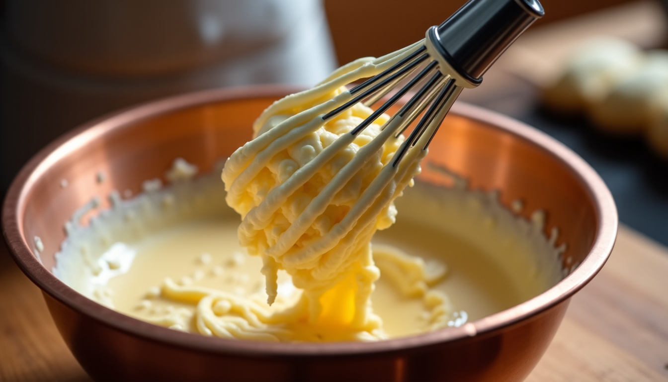 Préparation de la crème au beurre pour le gâteau moka, avec fouet et bol en cuivre