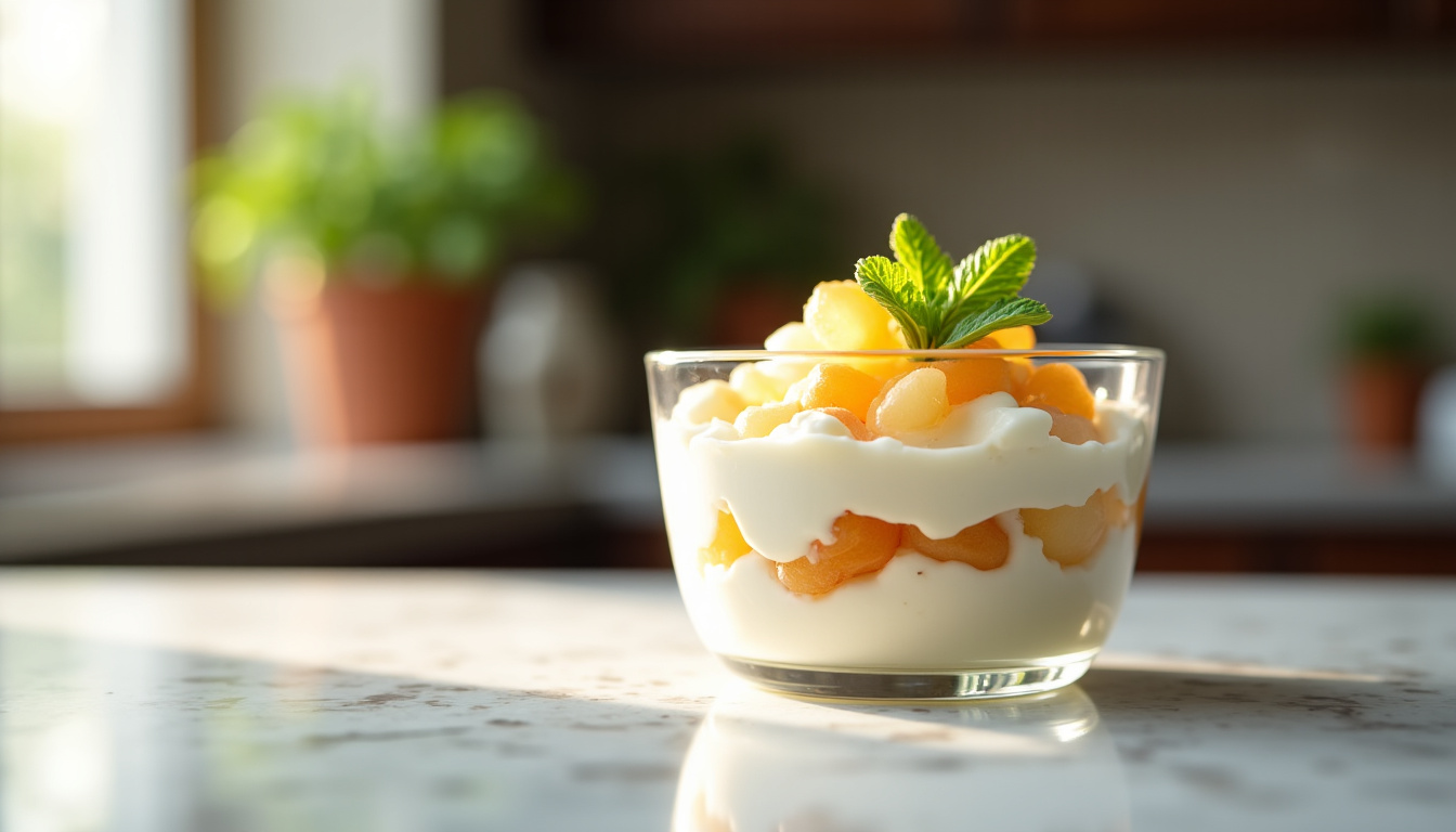 Préparation de mousse de poire dans une verrine transparente