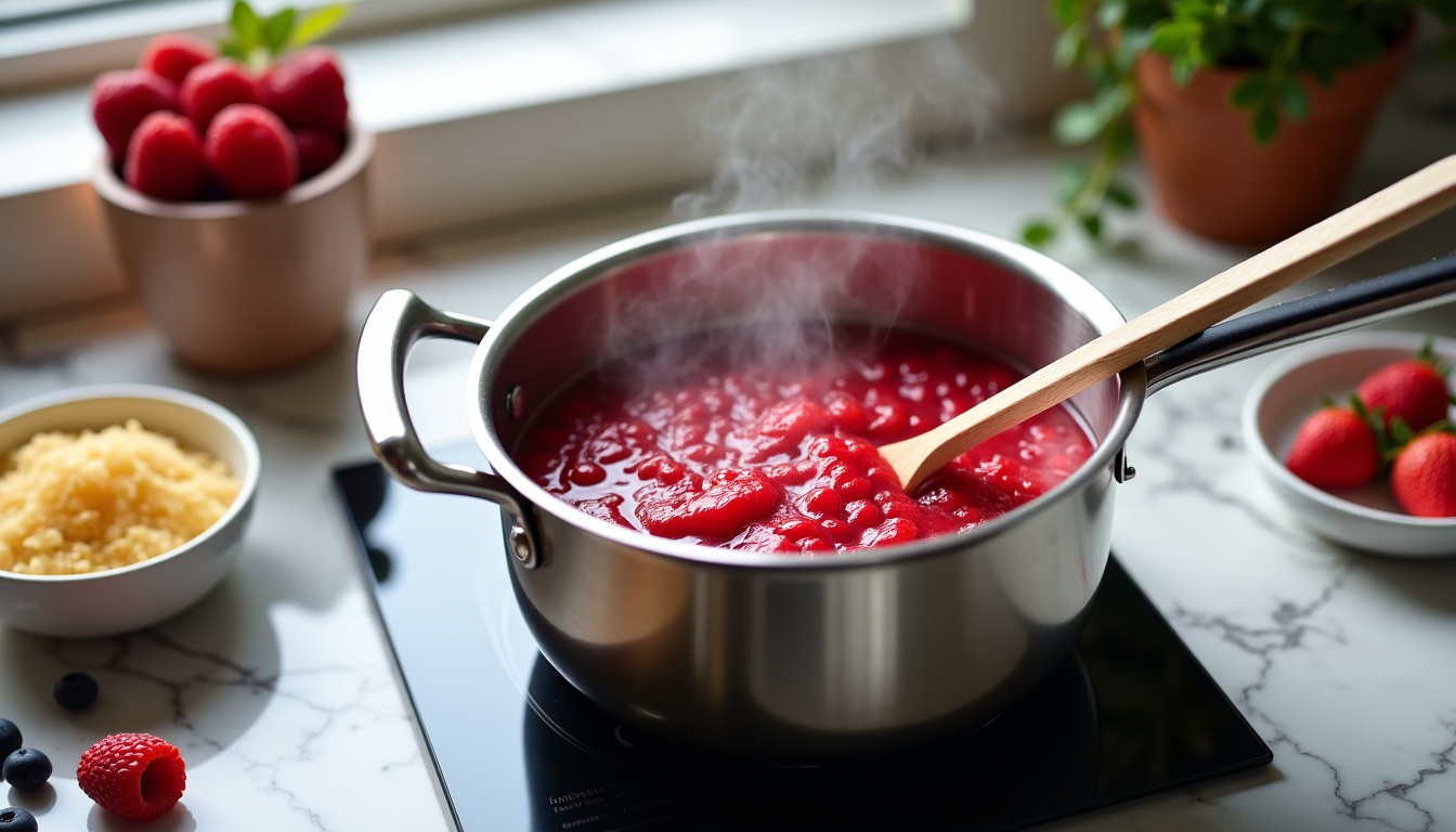 Préparation de pâte de fruits maison avec purée de fruits et casserole sur feu doux