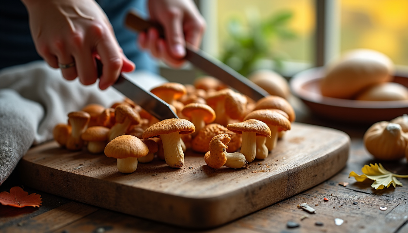 Préparation des champignons frais pour une poêlée automnale: éminçage et nettoyage soigneux