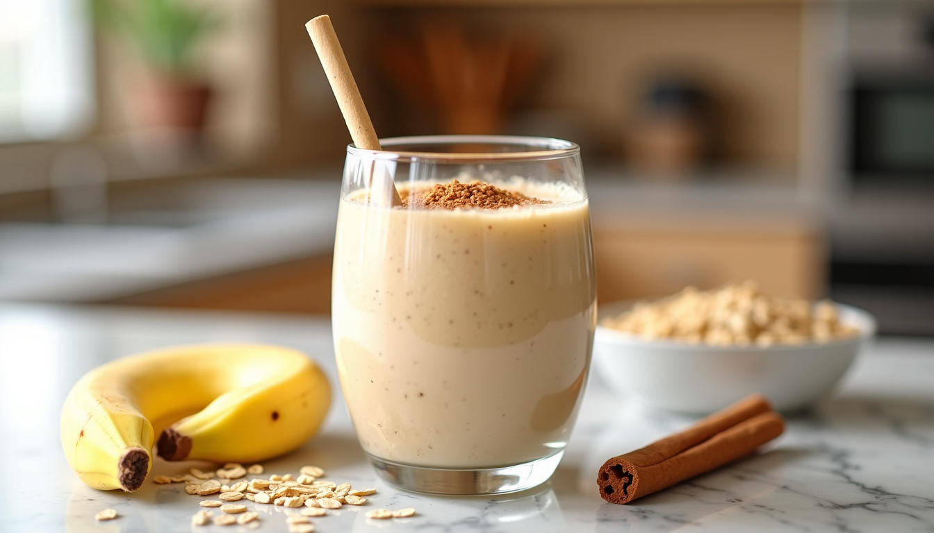 Smoothie banane avoine cannelle servi dans un verre avec une paille et des flocons d
