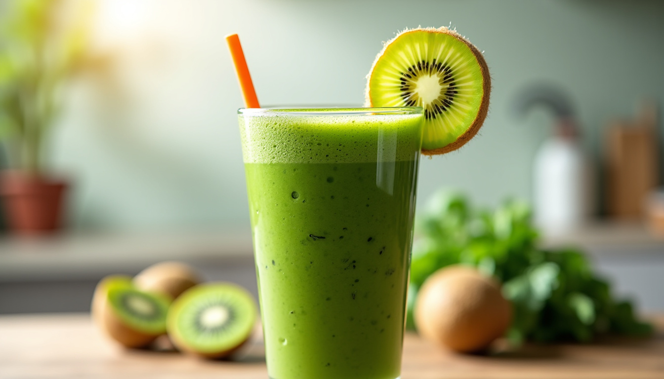 Smoothie vert aux épinards et kiwi servi dans un grand verre avec une paille et une tranche de kiwi en garniture