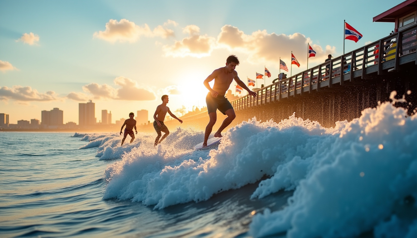Surfeurs en action sur les vagues de Rockaway Beach, avec la promenade et des food trucks en arrière-plan, Queens, New York