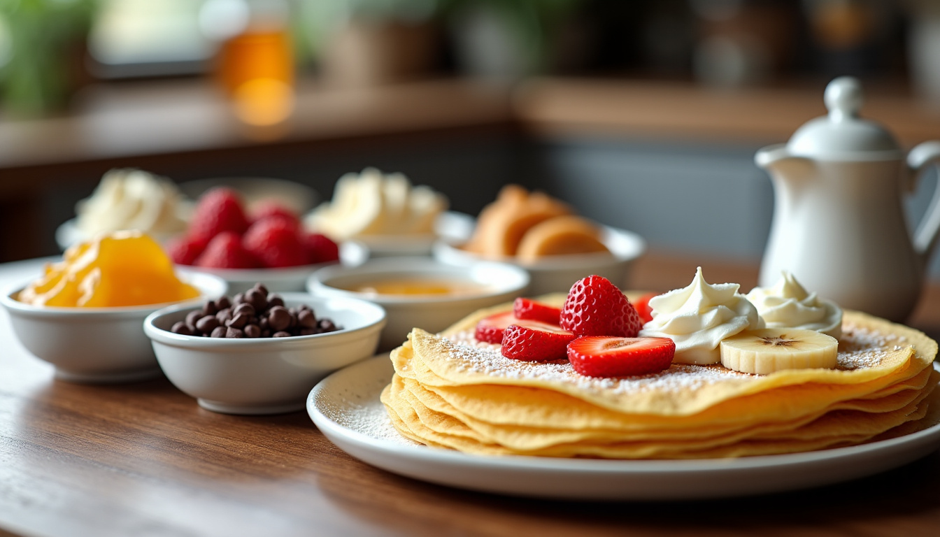 Table dressée pour une crêpes party, avec différents bols de garnitures disposés de manière organisée