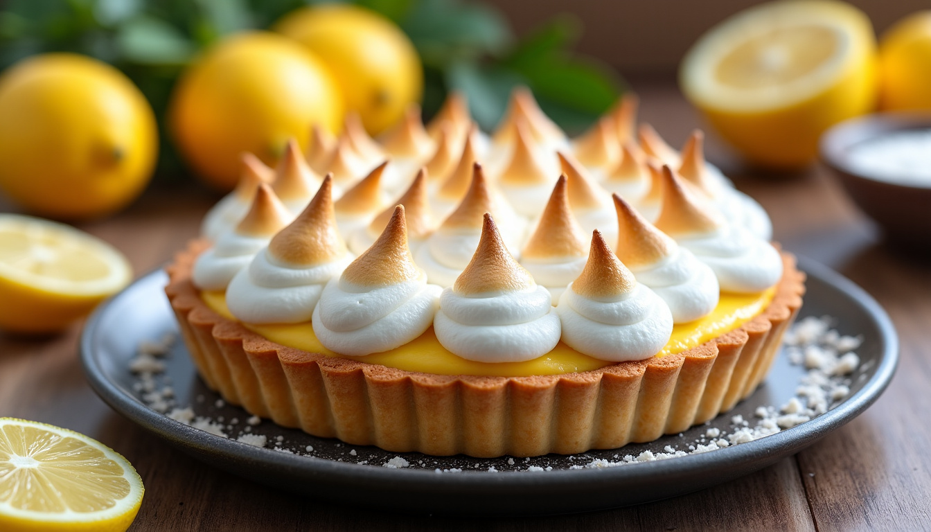 Tarte au citron meringuée servie sur une table en bois