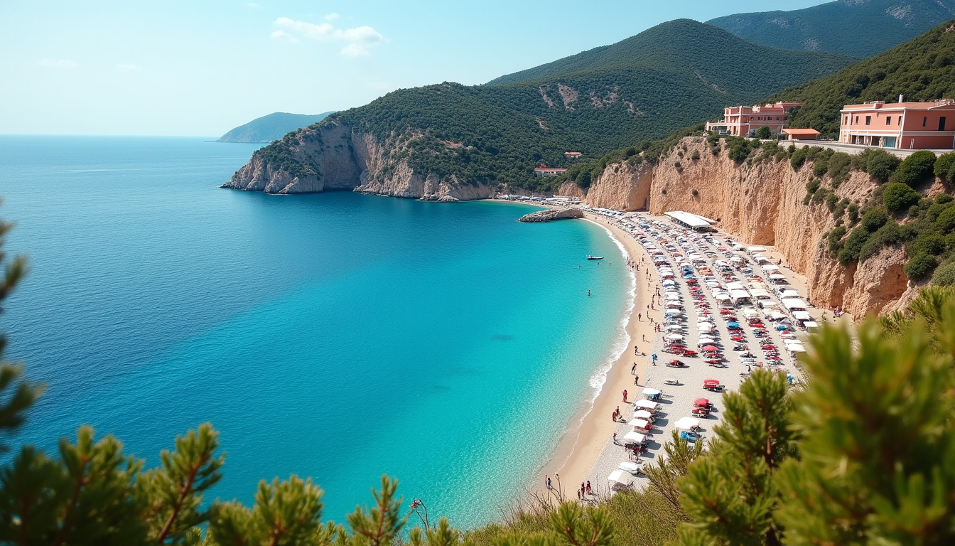 Vue aérienne de la plage du Lido à Propriano avec son phare emblématique et les eaux turquoises du golfe du Valinco