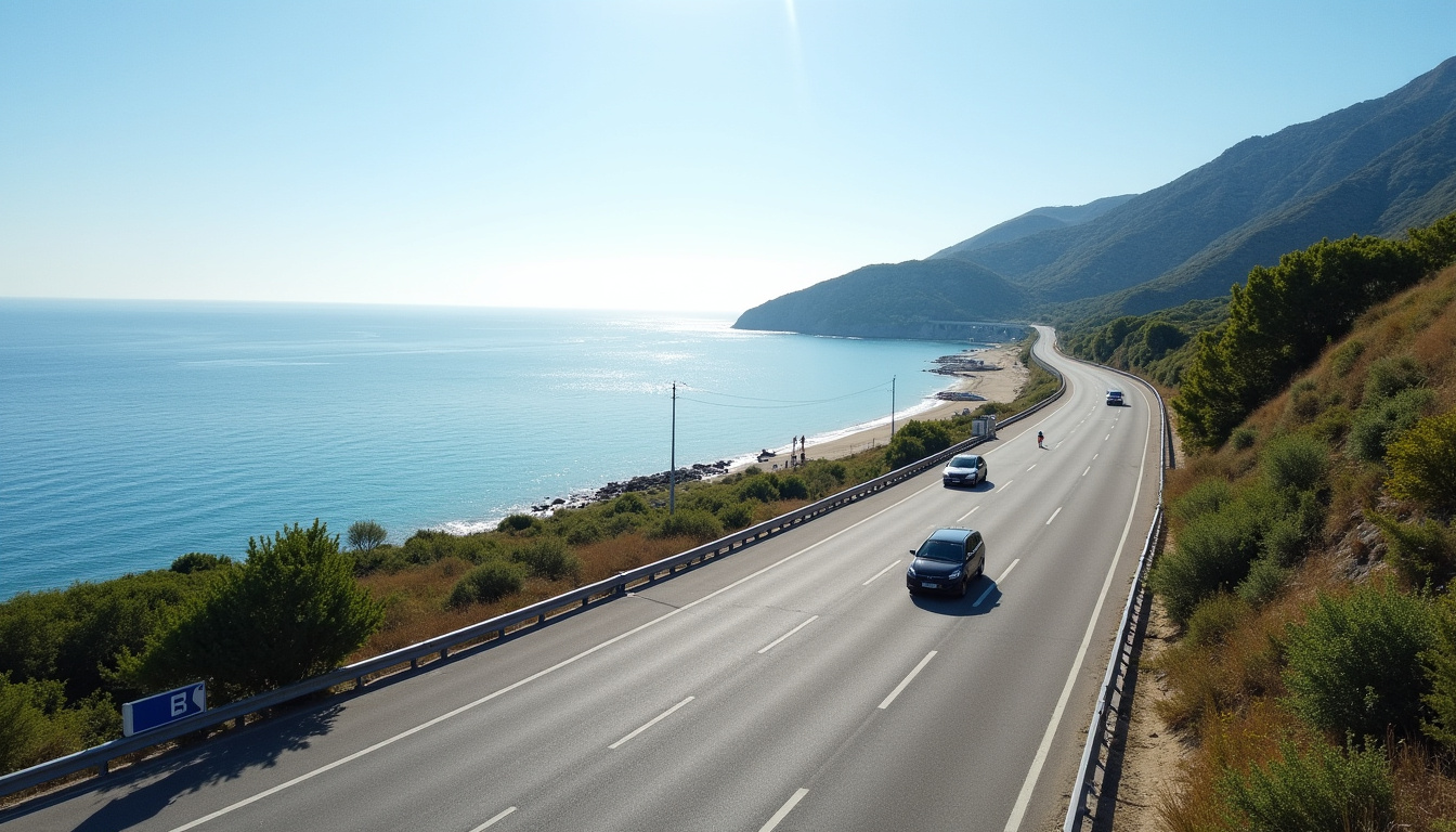Vue aérienne du trajet vers la Plage de la Perle depuis Deshaies, montrant la route côtière et les panneaux indicateurs