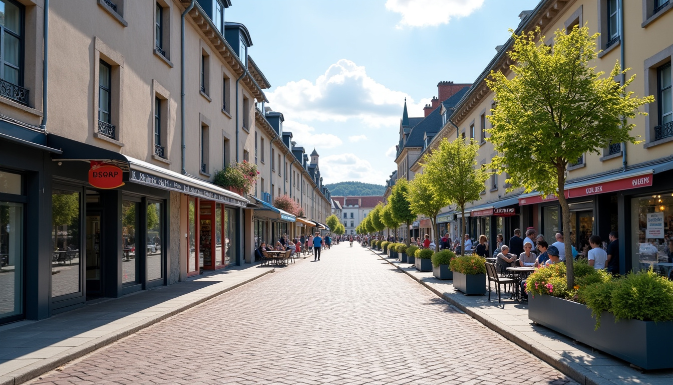 Vue du centre-ville du Cheylard avec ses rues pavées et ses commerces de proximité