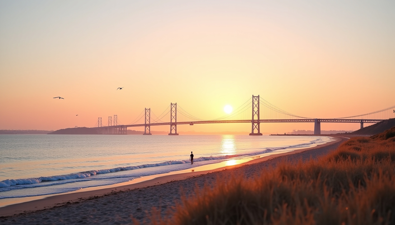 Vue panoramique de South Beach à Staten Island avec le pont Verrazzano-Narrows en arrière-plan, New York