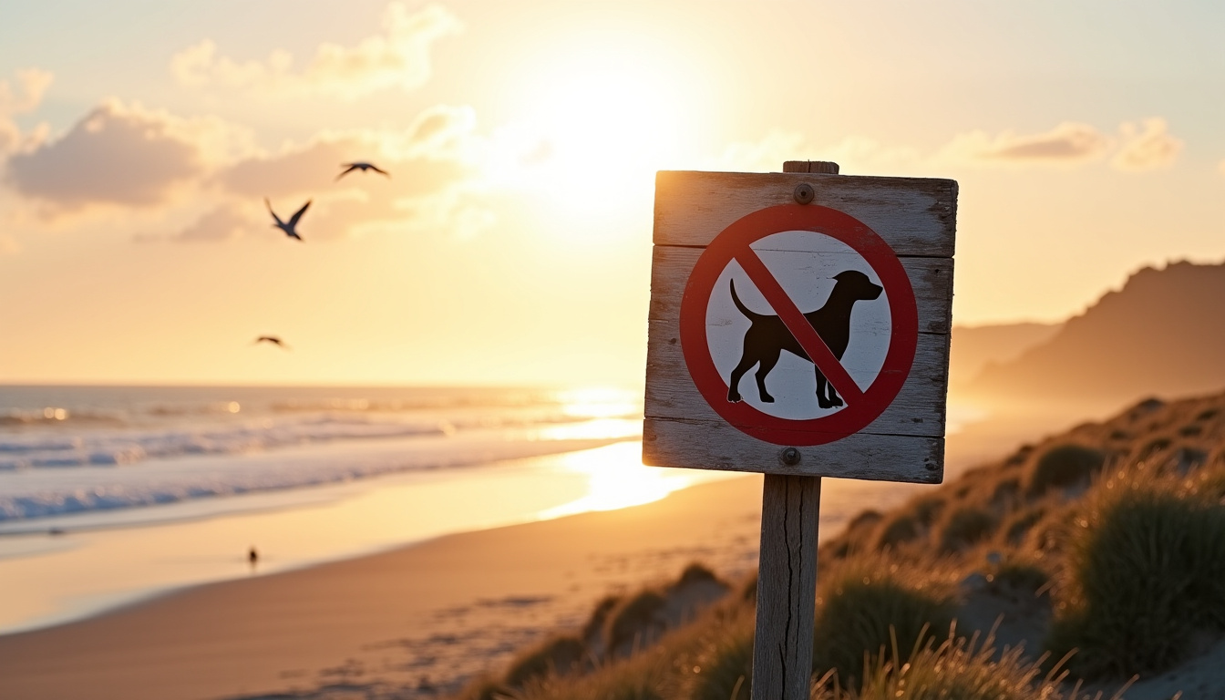 Affichage interdisant les chiens sur la plage du Ris à Douarnenez en 2026