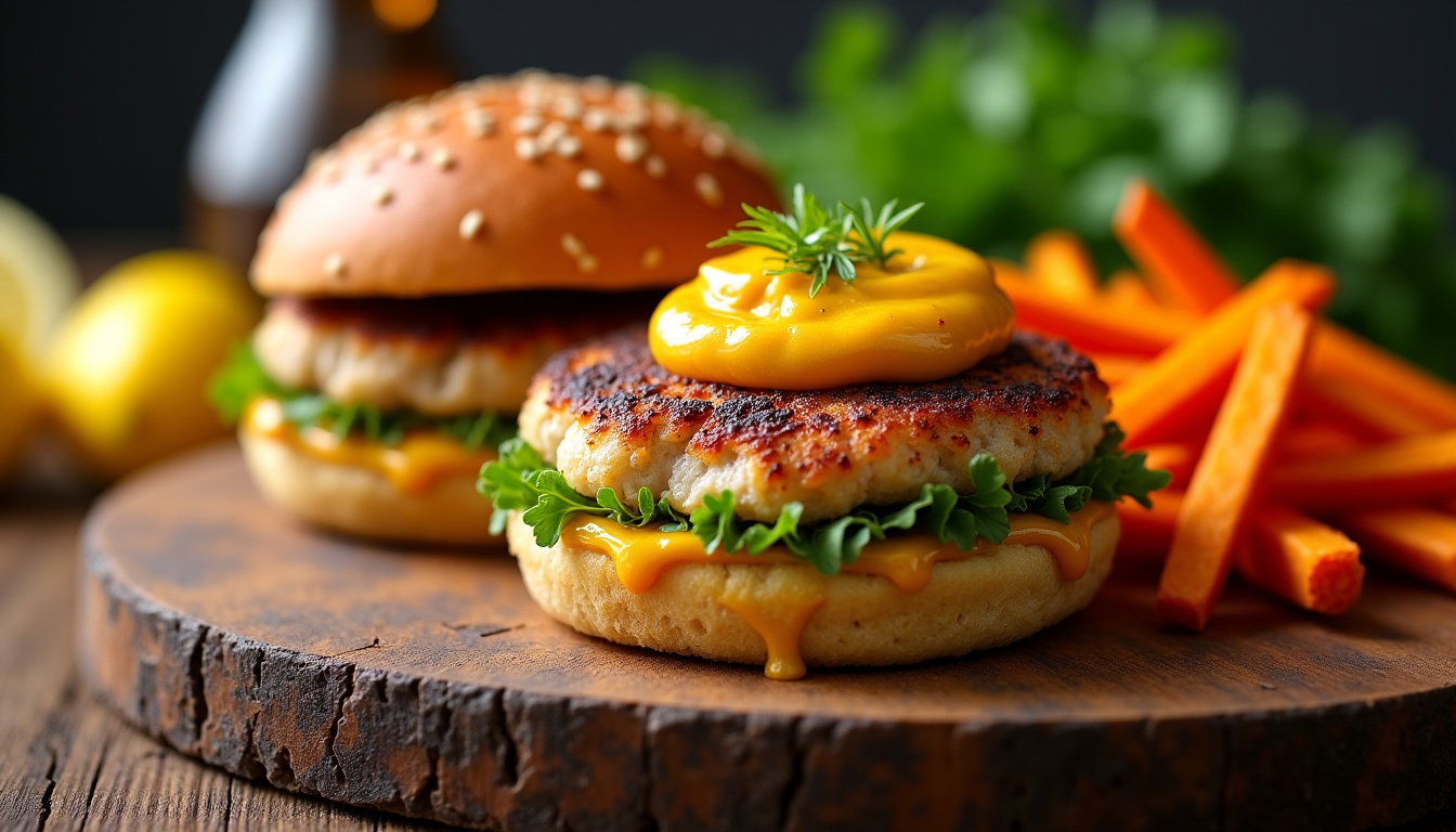 Burger de poisson avec sauce au curry et frites de patates douces