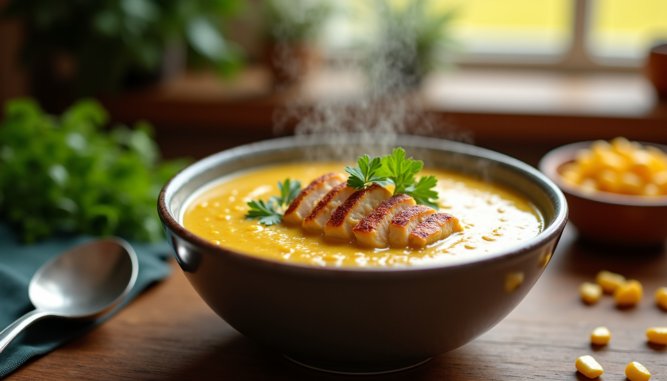 Crème de maïs maison présentée dans une assiette avec persil frais et filet de poulet