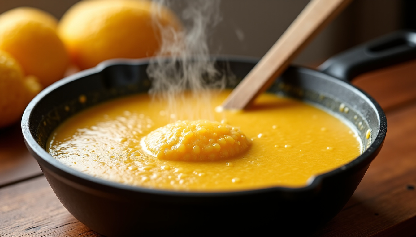 Crème de maïs onctueuse dans une poêle en fonte avec spatule en bois