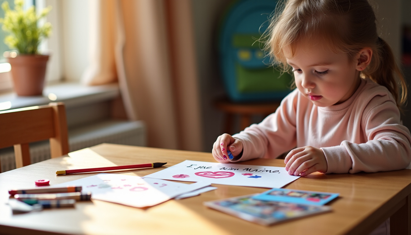 Enfant en train de réaliser un bricolage pour sa grand-mère: collage de photo, peinture, écriture de message