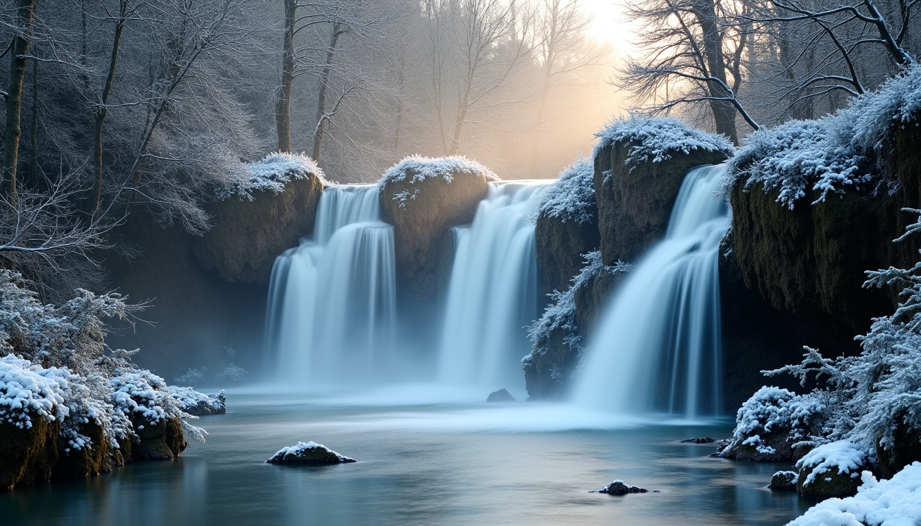 La cascade du Gournier en hiver, partiellement gelée, entourée de forêt et de roches volcaniques