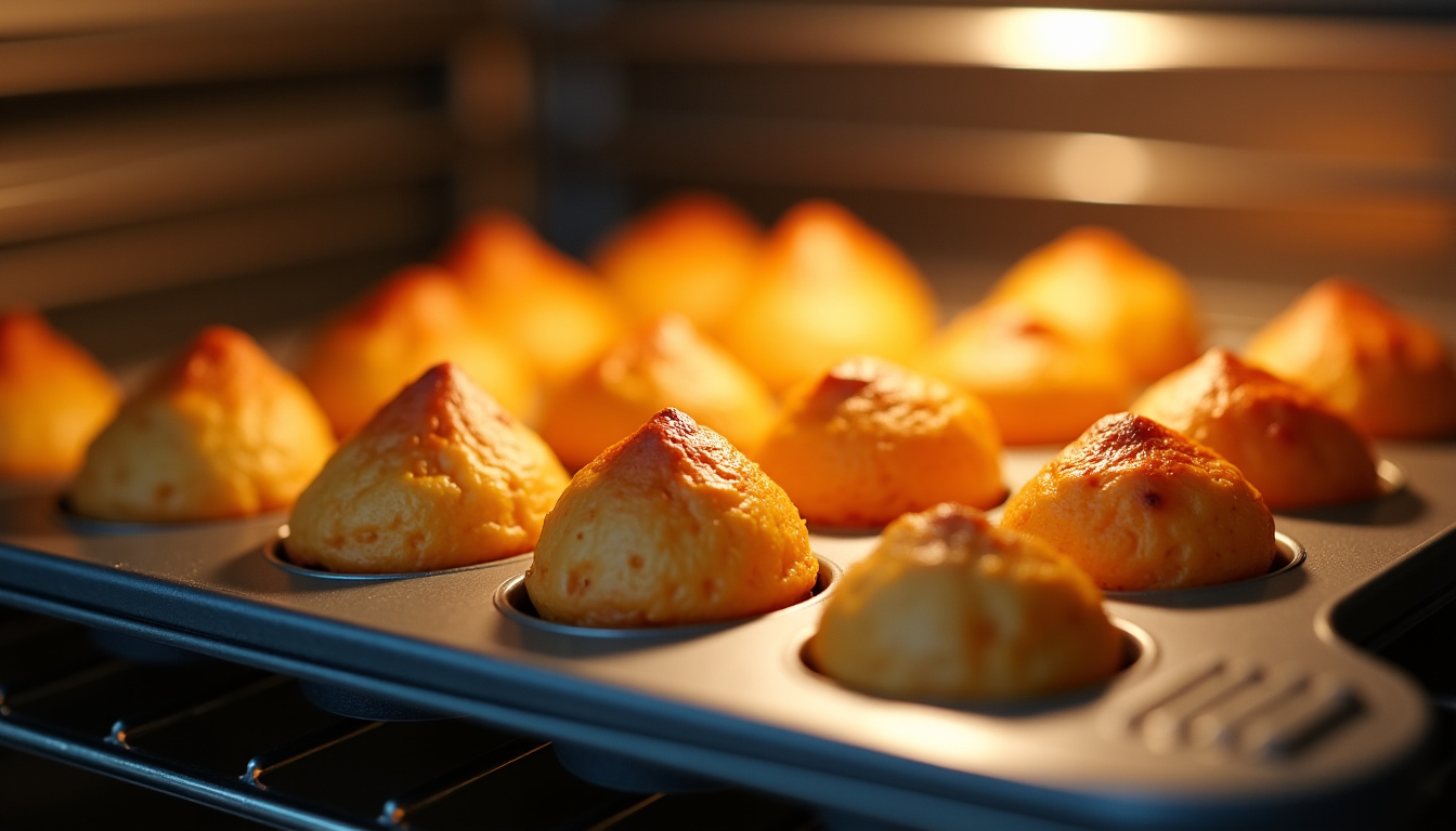 Madeleines salées en train de cuire dans un four, montrant la formation de la bosse caractéristique