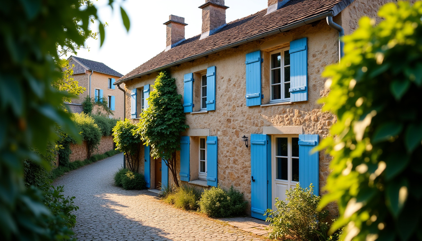 Maison en pierre typique du village de Chomérac, avec toit en ardoise et volets bleus