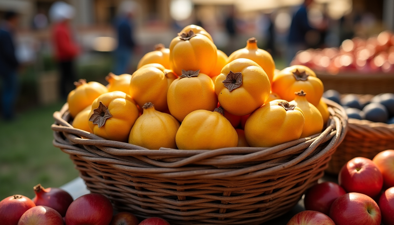 Panier de coings sur un étal de marché de saison, entouré d
