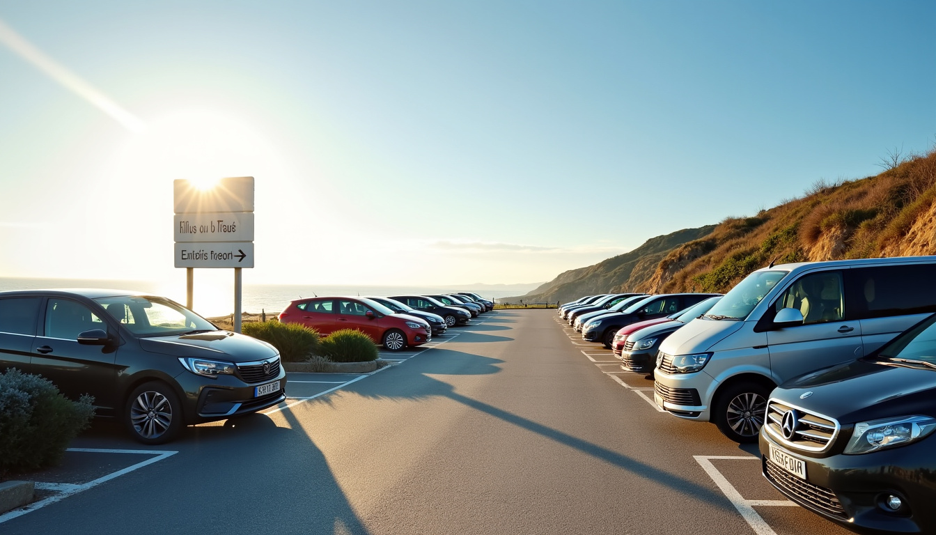 Parking de la Plage du Ris à Douarnenez avec véhicules et panneau indicateur en 2026