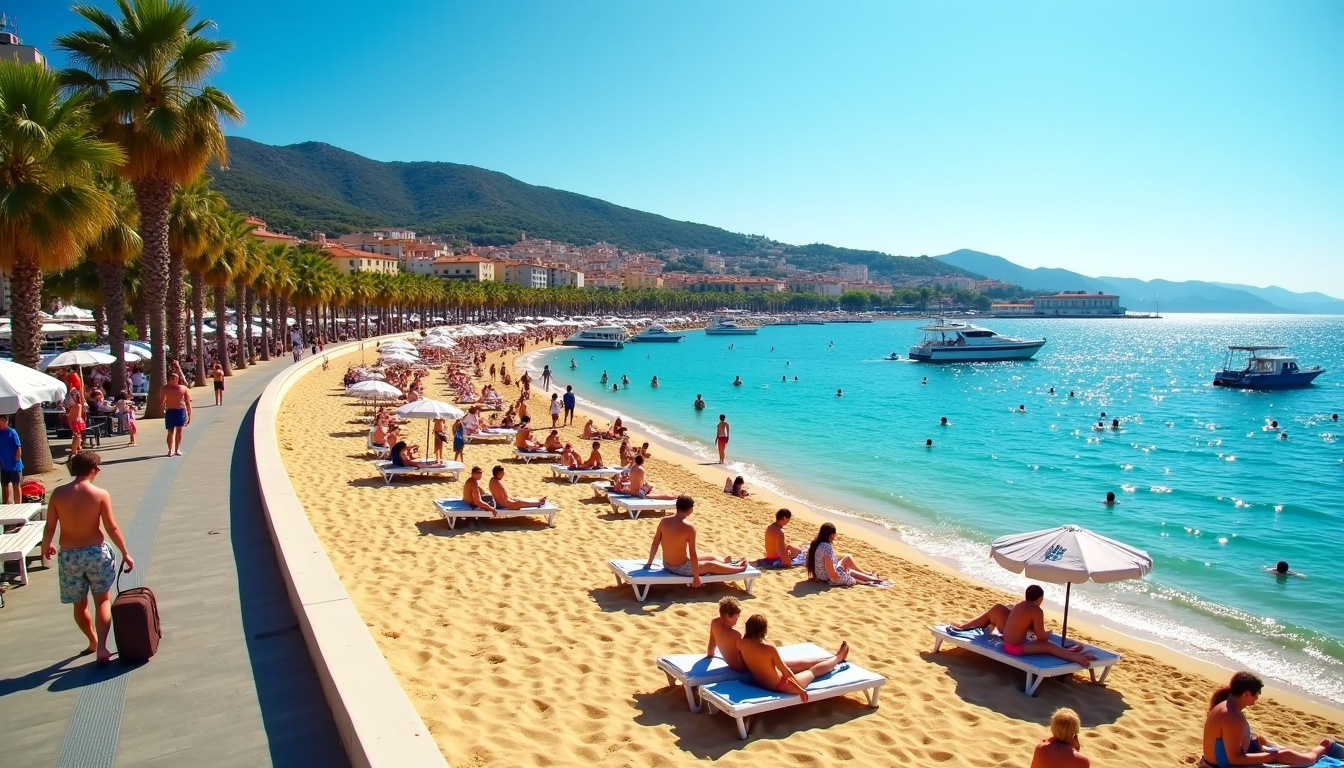 Plage des Sablettes à Toulon en journée ensoleillée, avec promenade aménagée, baigneurs et vue sur la rade