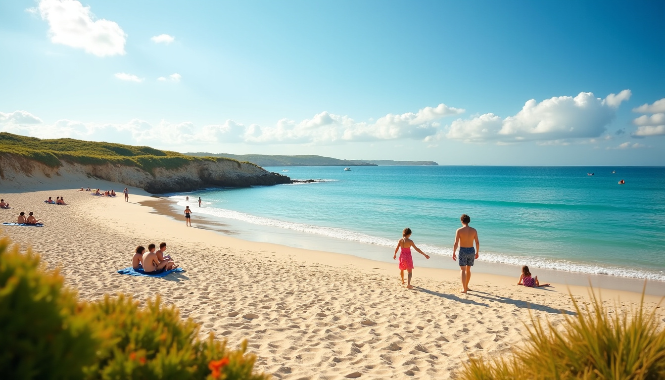 Plage du Ris à Douarnenez avec baigneurs et eau claire en été 2026