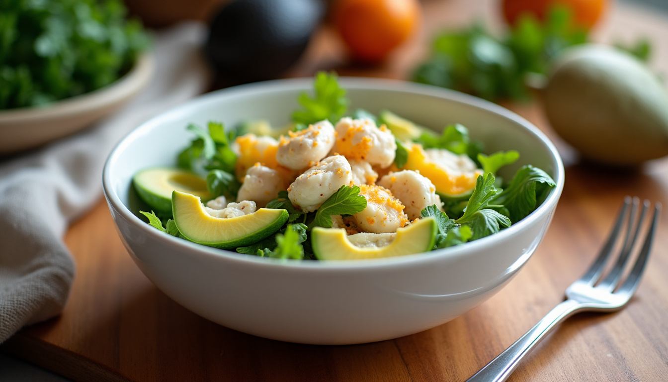 Portion de salade au crabe et avocat servie dans un bol avec couverts, sur fond de plan de travail en bois