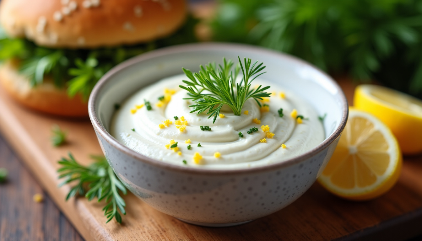 Préparation de sauce au yaourt grec avec aneth et citron pour burger de poisson