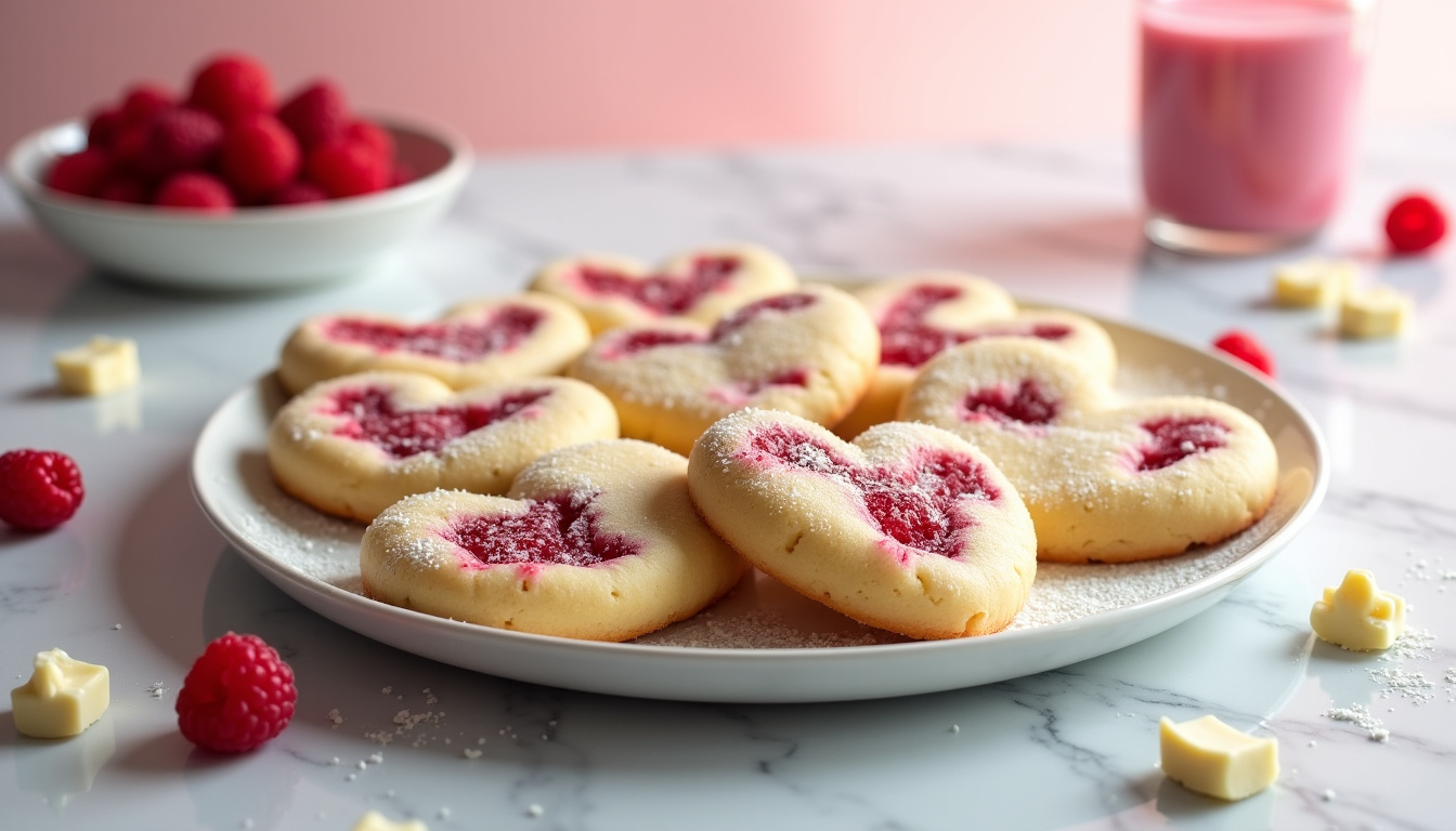 Préparation des cookies au chocolat blanc et framboise pour la Saint-Valentin