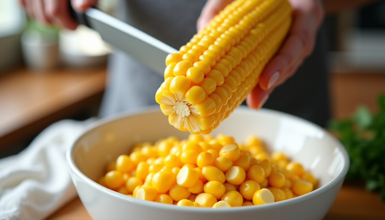 Préparation des épis de maïs frais pour la crème avec couteau et bol