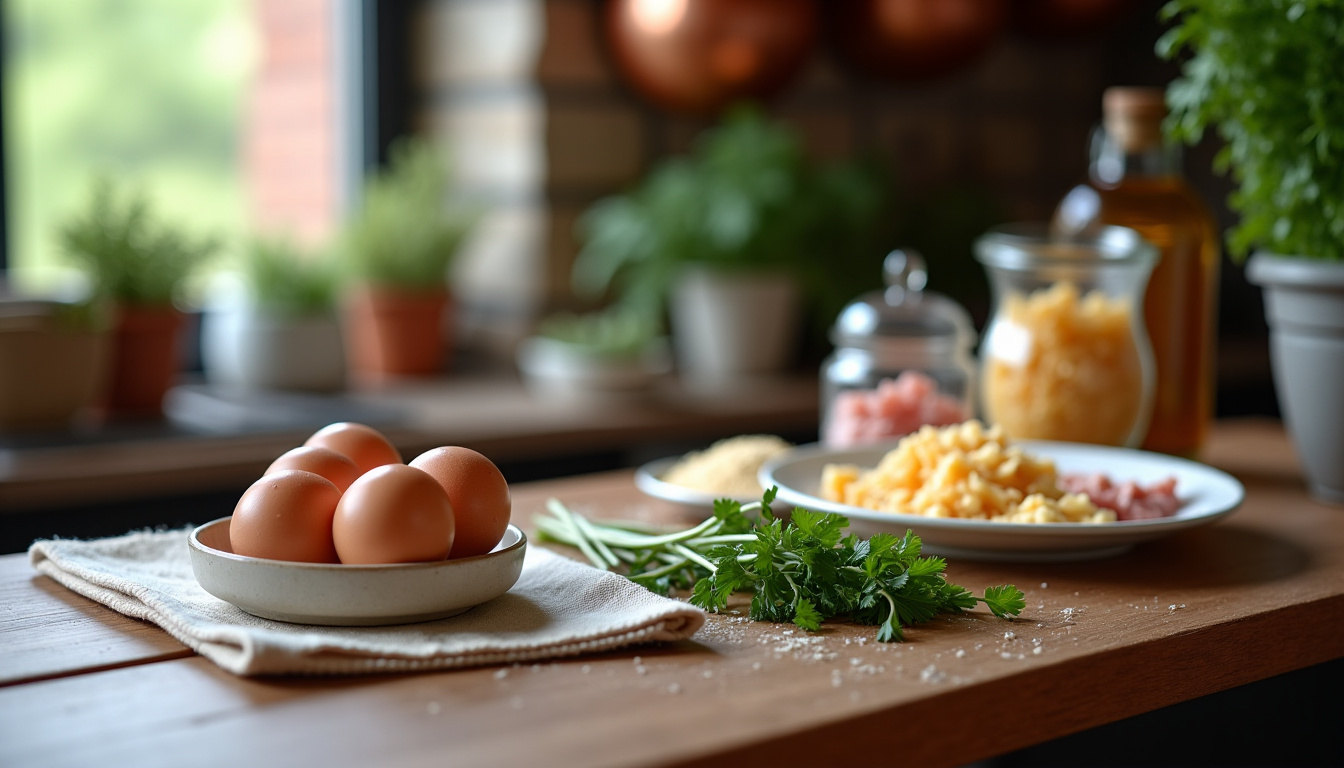 Préparation des ingrédients pour des madeleines salées: œufs, farine, fromage râpé, jambon en dés, herbes fraîches