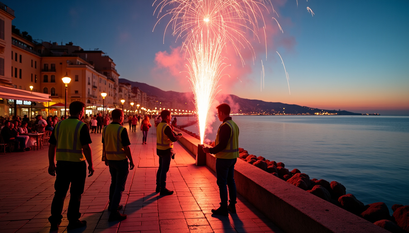 Préparation du spectacle pyrotechnique à Menton sur la Promenade du Soleil