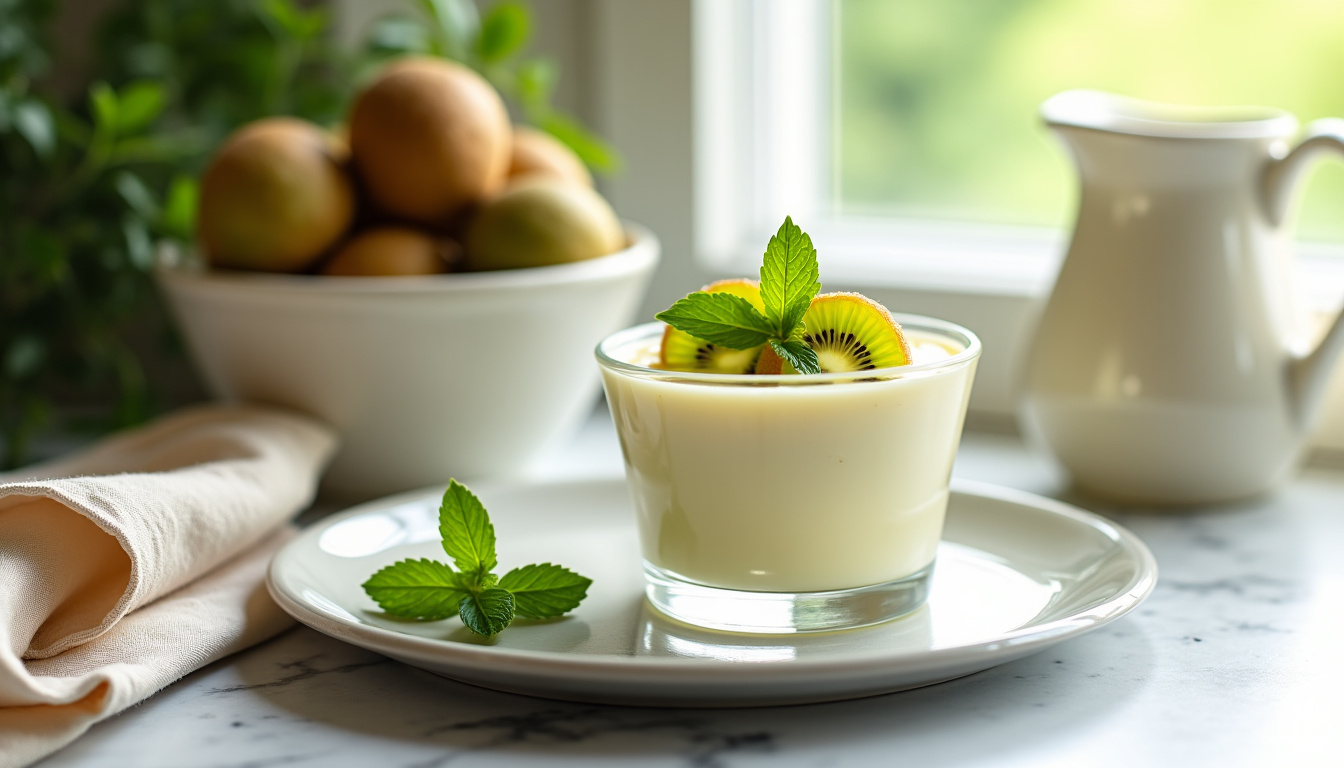 Préparation étape par étape de la panna cotta au kiwi avec crème, gélatine et kiwis frais